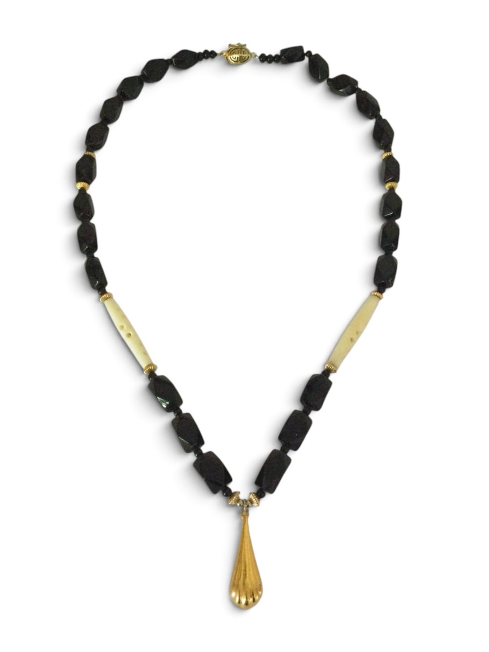 Vintage Carved Bone & Black Beaded Necklace with KJL Pendant - Picture 9 of 13